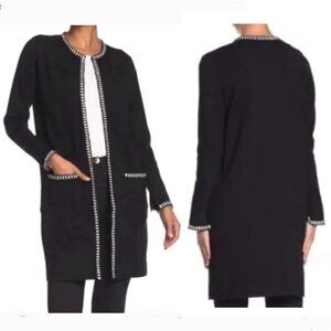 Magaschoni Black White Trim Split Cuff Long Open‎ Cardigan Sz S